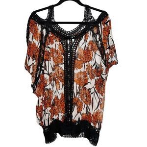 Jaloux SILK Cold Shoulder Floral Sheer Blouse Orange Black Size Medium